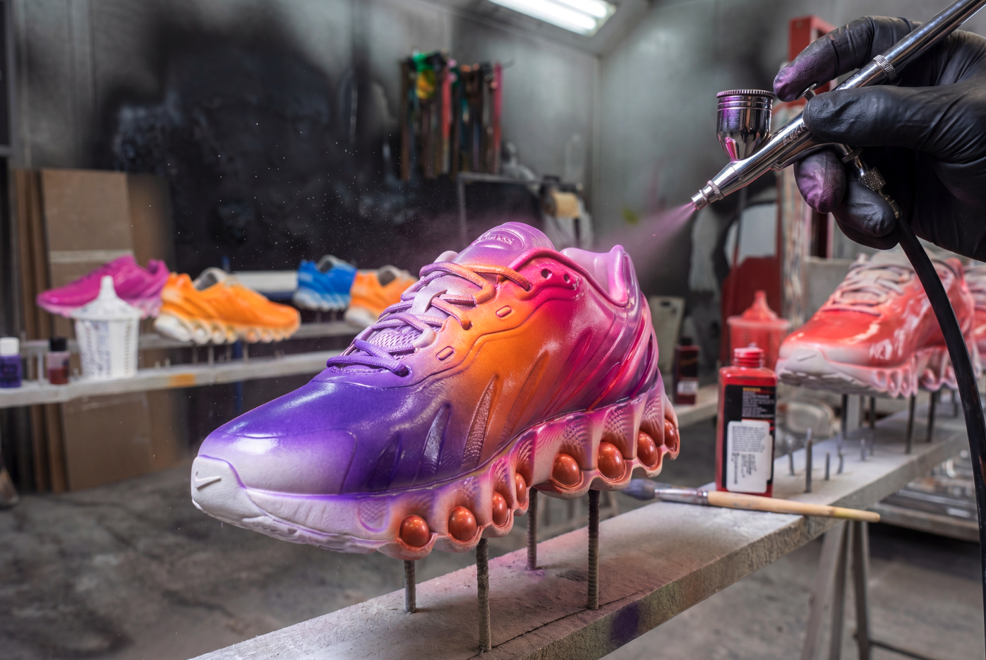 Airbrushing a custom sneaker in the spray booth